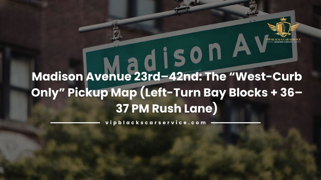 Madison Avenue 23rd–42nd The “West-Curb Only” Pickup Map (Left-Turn Bay Blocks + 36–37 PM Rush Lane)