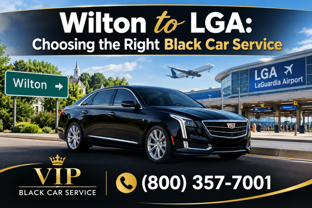 Wilton to LGA black car service: black luxury sedan outside LaGuardia Airport with a Wilton CT road sign