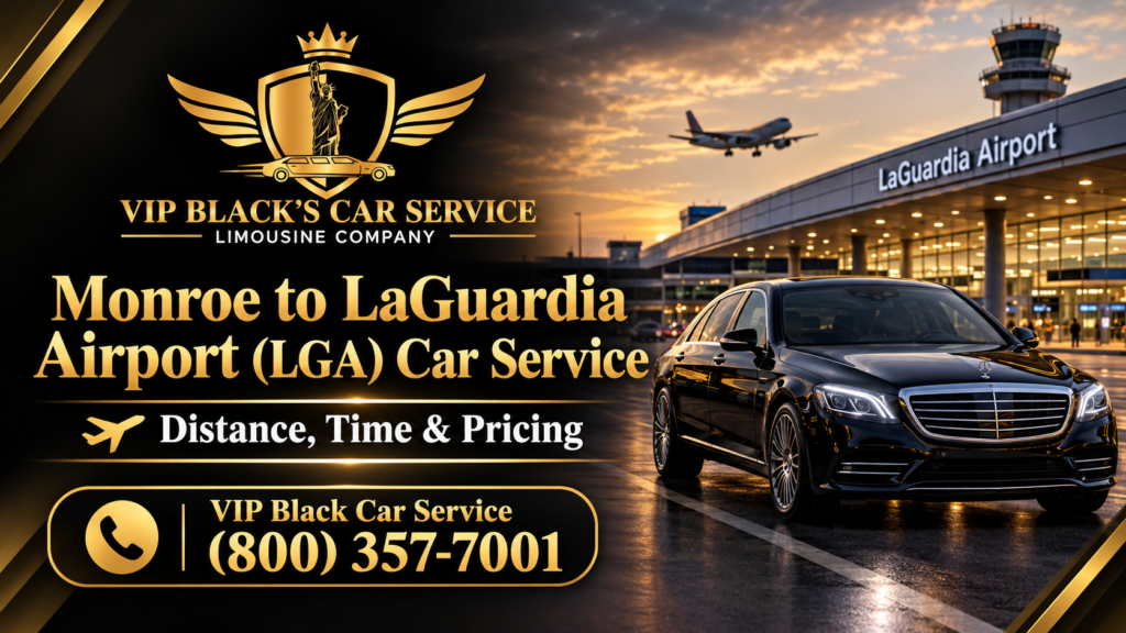 Monroe to LGA car service by VIP Black Car Service , Black luxury sedan outside LaGuardia Airport at sunset